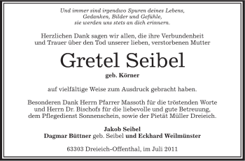 Traueranzeige von Gretel Seibel von OFFENBACH-POST/HANAU-POST