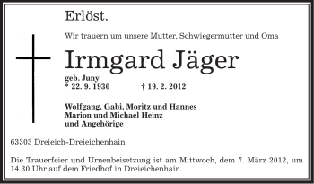 Traueranzeige von Irmgard Jäger von OFFENBACH-POST/HANAU-POST