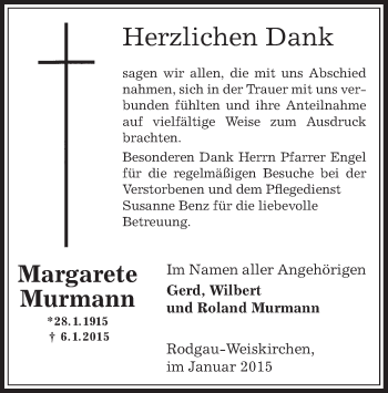 Traueranzeige von Margarete Murmann von Offenbach