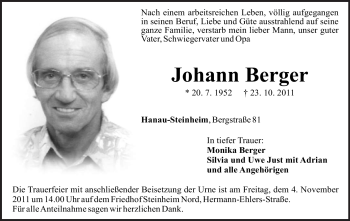 Traueranzeige von Johann Berger von OFFENBACH-POST/HANAU-POST