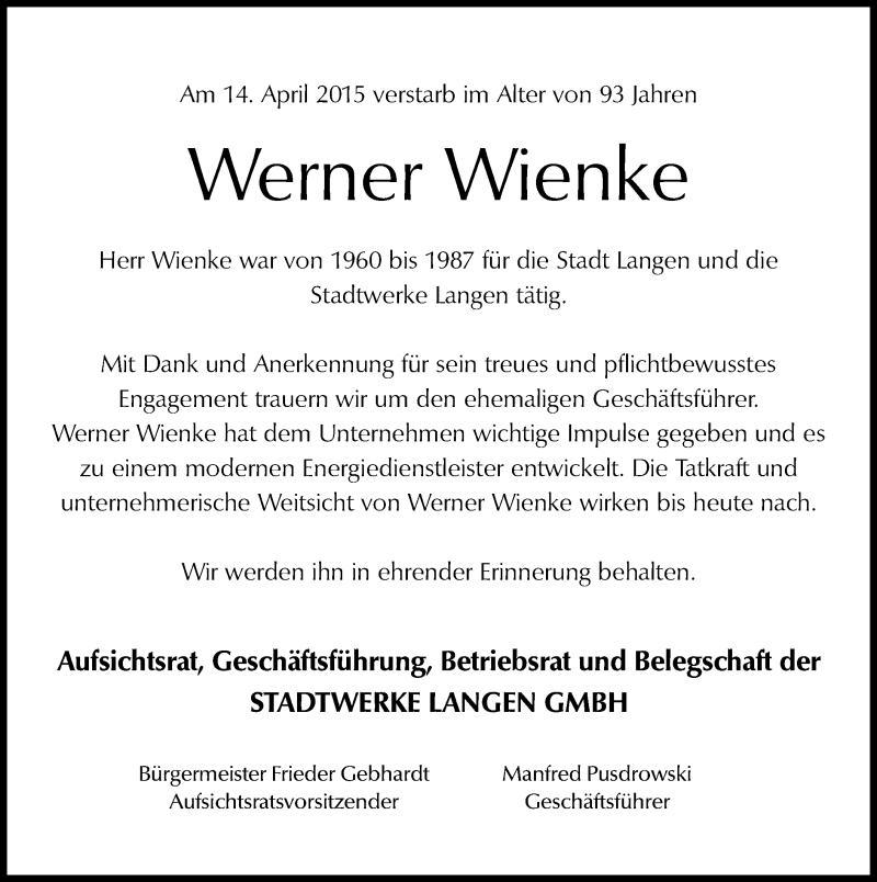  Traueranzeige für Werner Wienke vom 23.04.2015 aus Offenbach