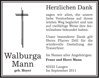 Traueranzeige von Walburga Mann von OFFENBACH-POST/HANAU-POST