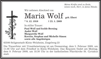 Traueranzeige von Maria Wolf von OFFENBACH-POST/HANAU-POST