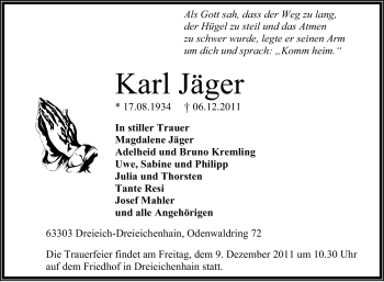 Traueranzeige von Karl Jäger von OFFENBACH-POST/HANAU-POST