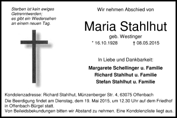 Traueranzeige von Maria Stahlhut von Offenbach