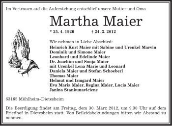 Traueranzeige von Martha Maier von OFFENBACH-POST/HANAU-POST