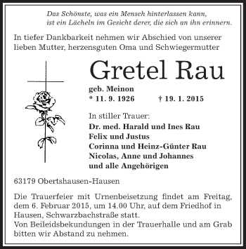 Traueranzeige von Gretel Rau von Offenbach