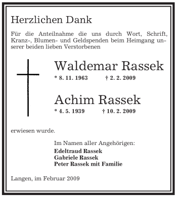 Traueranzeige von Achim Rassek von OFFENBACH-POST/HANAU-POST