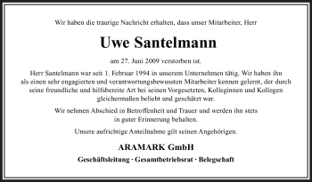 Traueranzeige von Uwe Santelmann von OFFENBACH-POST/HANAU-POST