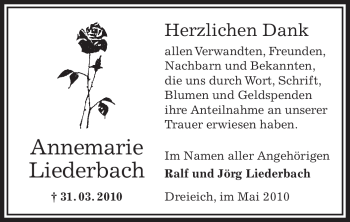 Traueranzeige von Annemarie Liederbach von OFFENBACH-POST/HANAU-POST