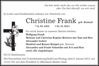 Traueranzeige von Christine Frank von Offenbach