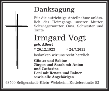 Traueranzeige von Vogt Irgard von OFFENBACH-POST/HANAU-POST