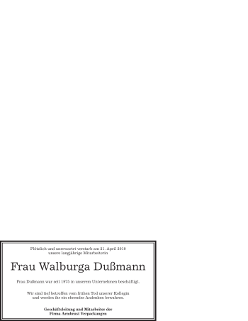 Traueranzeige von Walburga Dußmann von OFFENBACH-POST/HANAU-POST