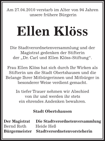 Traueranzeige von Ellen Klöss von OFFENBACH-POST/HANAU-POST