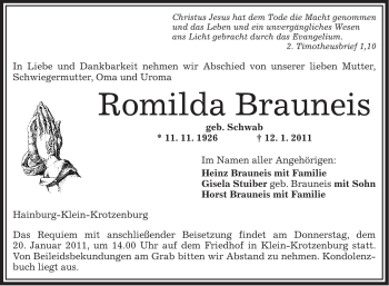 Traueranzeige von Romilda Brauneis von OFFENBACH-POST/HANAU-POST