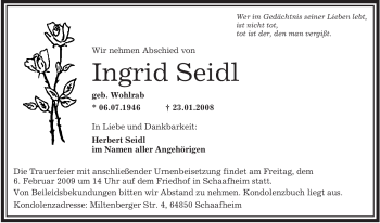 Traueranzeige von Ingrid Seidl von OFFENBACH-POST/HANAU-POST