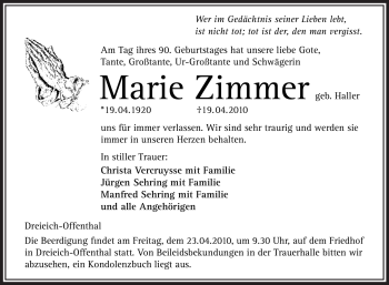 Traueranzeige von Marie Zimmer von OFFENBACH-POST/HANAU-POST