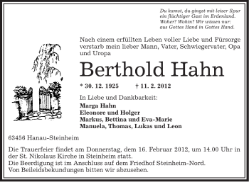 Traueranzeige von Berthold Hahn von OFFENBACH-POST/HANAU-POST