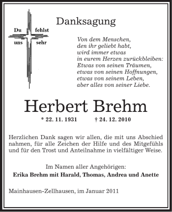 Traueranzeige von Herbert Brehm von OFFENBACH-POST/HANAU-POST