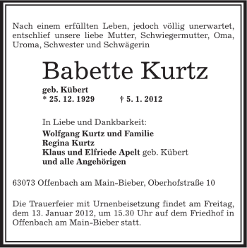 Traueranzeige von Babette Kurtz von OFFENBACH-POST/HANAU-POST