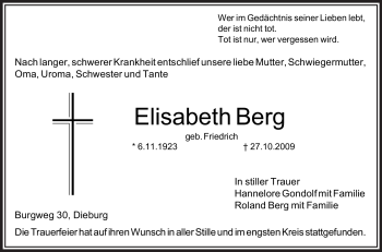 Traueranzeige von Elisabeth Berg von OFFENBACH-POST/HANAU-POST