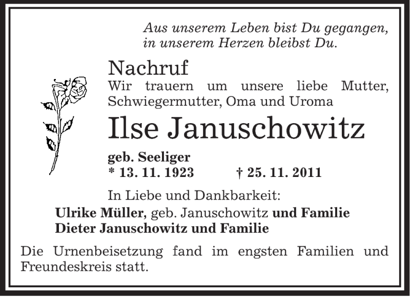  Traueranzeige für Ilse Januschowitz vom 17.12.2011 aus OFFENBACH-POST/HANAU-POST