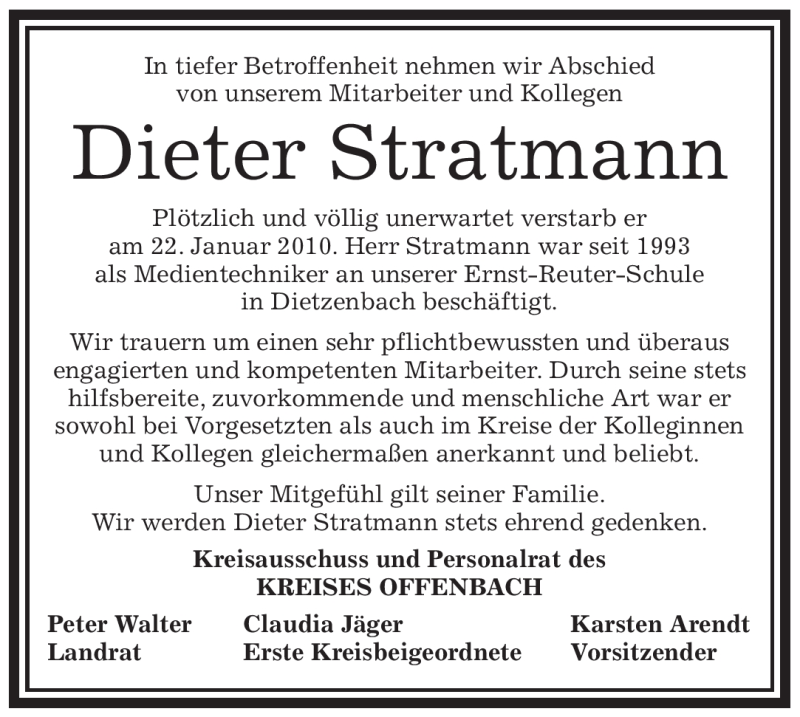  Traueranzeige für Dieter Stratmann vom 29.01.2010 aus OFFENBACH-POST/HANAU-POST