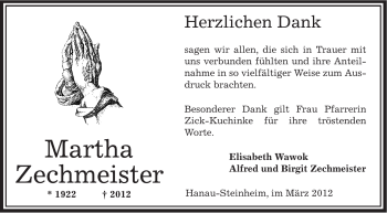 Traueranzeige von Martha Zechmeister von OFFENBACH-POST/HANAU-POST