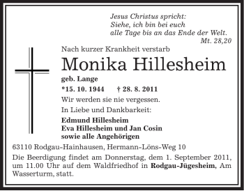 Traueranzeige von Monika Hillesheim von OFFENBACH-POST/HANAU-POST