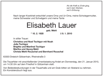 Traueranzeige von Elisabeth Lauer von OFFENBACH-POST/HANAU-POST