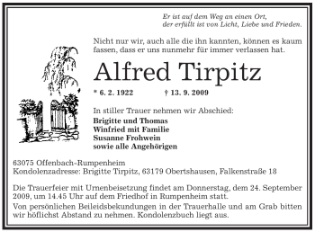 Traueranzeige von Alfred Tirpitz von OFFENBACH-POST/HANAU-POST