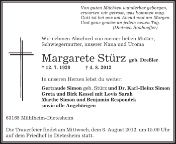 Traueranzeige von Margarete Stürz von OFFENBACH-POST/HANAU-POST