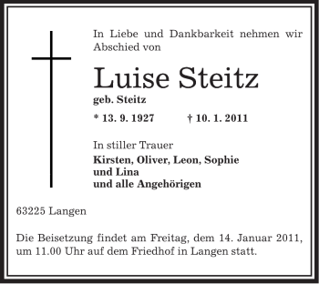 Traueranzeige von Luise Steitz von OFFENBACH-POST/HANAU-POST