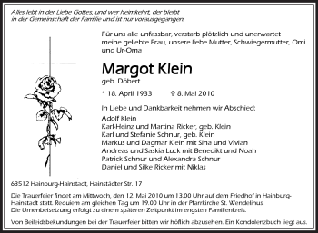 Traueranzeige von Margot Klein von OFFENBACH-POST/HANAU-POST