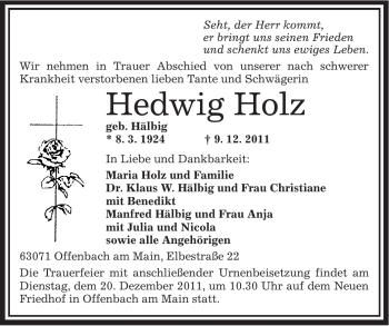 Traueranzeige von Hedwig Holz von OFFENBACH-POST/HANAU-POST