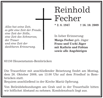 Traueranzeige von Reinhold Fecher von OFFENBACH-POST/HANAU-POST