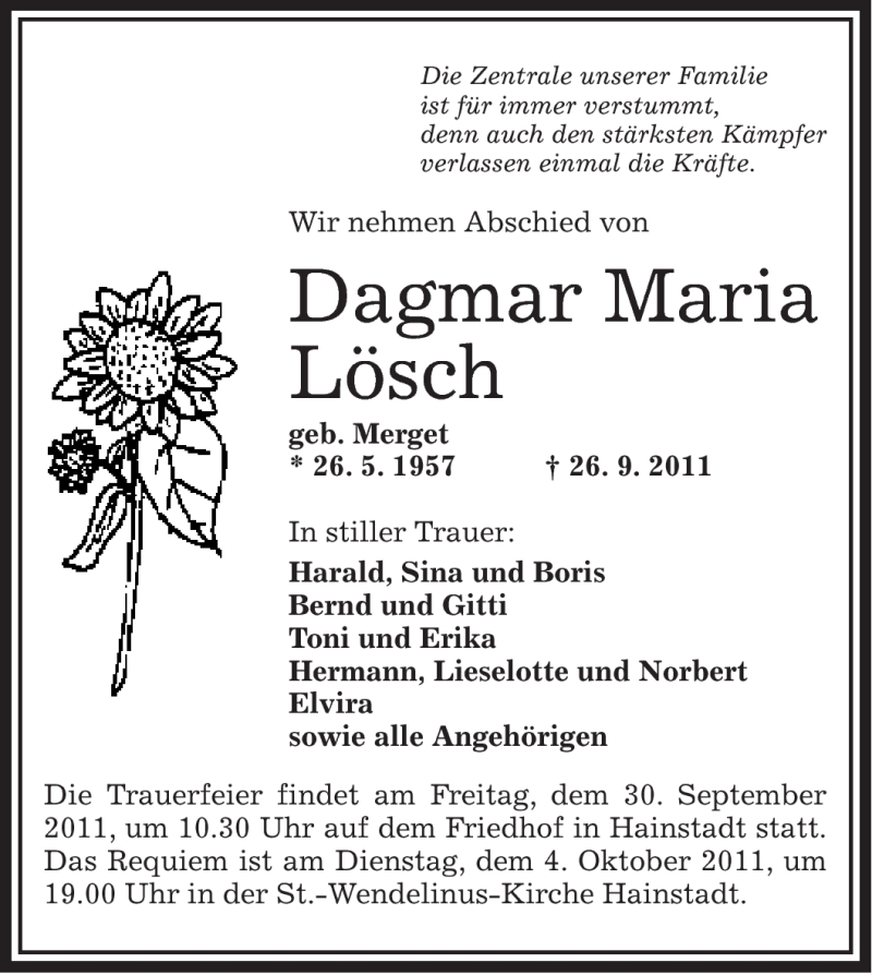  Traueranzeige für Dagmar Maria Lösch vom 28.09.2011 aus OFFENBACH-POST/HANAU-POST