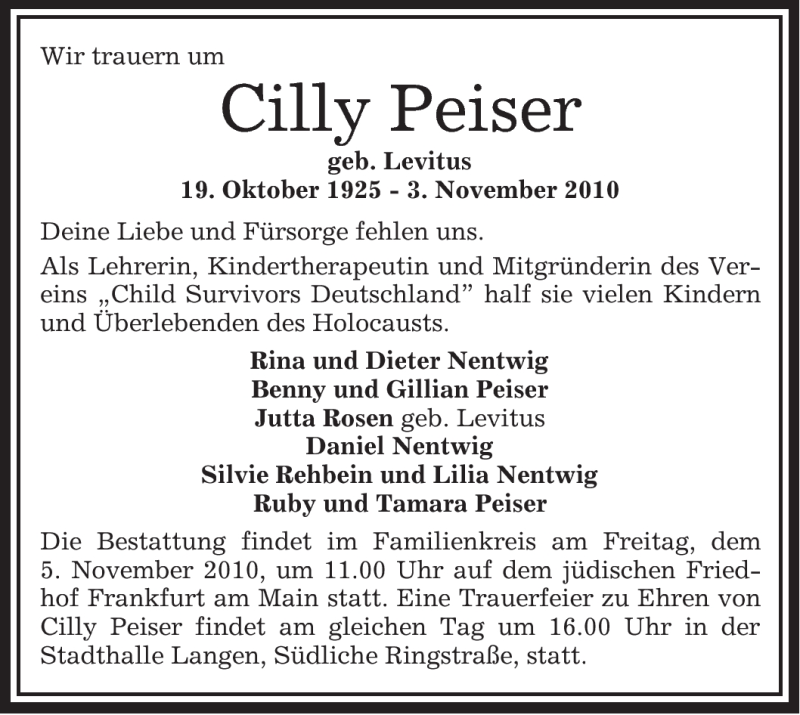 Traueranzeige für Cilly Peiser vom 05.11.2010 aus OFFENBACH-POST/HANAU-POST