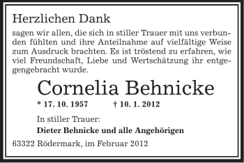 Traueranzeige von Cornelia Behnicke von OFFENBACH-POST/HANAU-POST