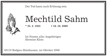 Traueranzeige von Mechtild Sahm von OFFENBACH-POST/HANAU-POST