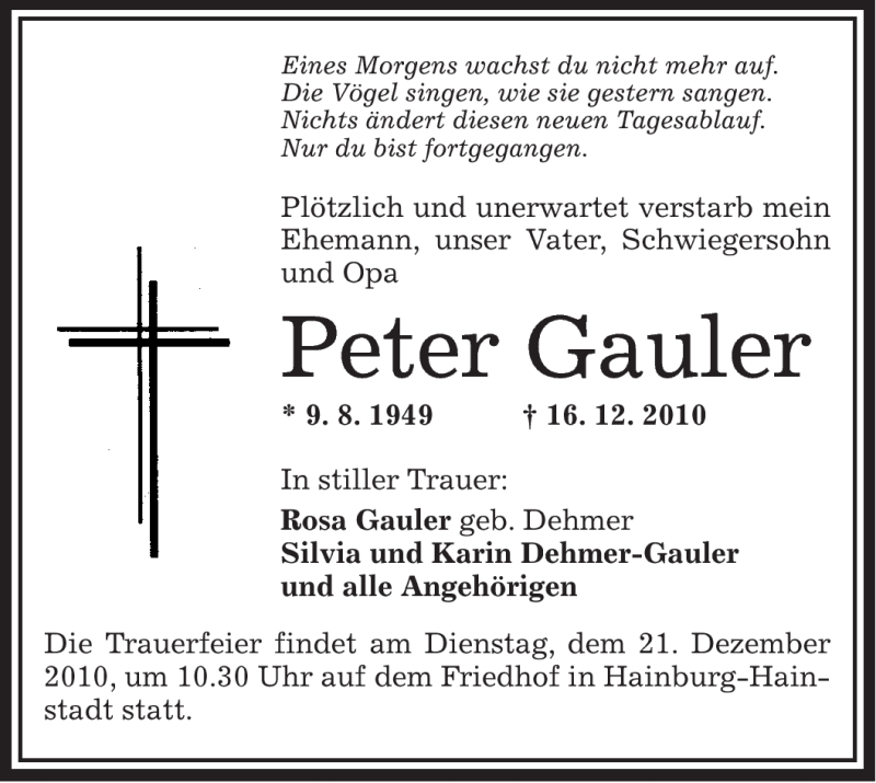  Traueranzeige für Peter Gauler vom 18.12.2010 aus OFFENBACH-POST/HANAU-POST