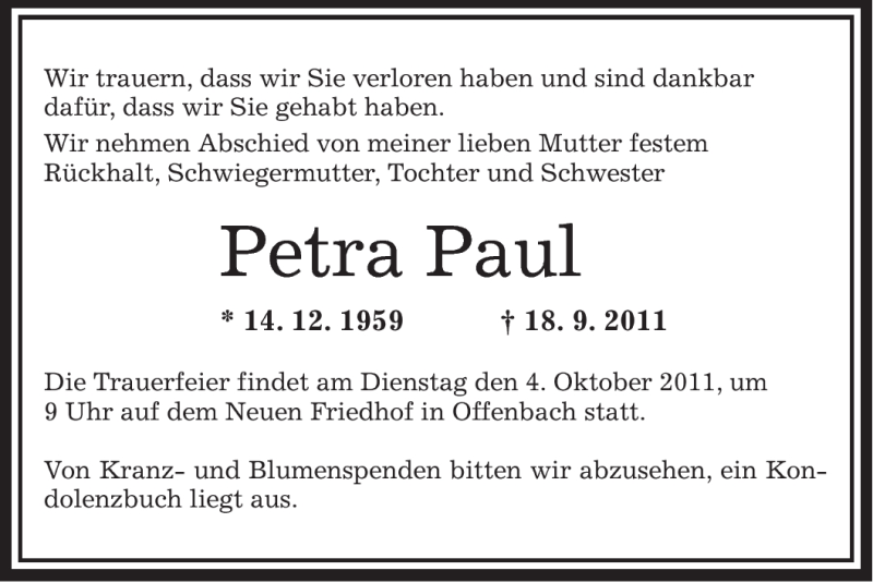  Traueranzeige für Petra Paul vom 28.09.2011 aus OFFENBACH-POST/HANAU-POST