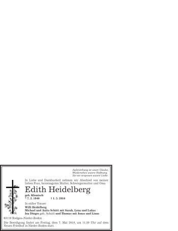 Traueranzeige von Edith Heidelberg von OFFENBACH-POST/HANAU-POST