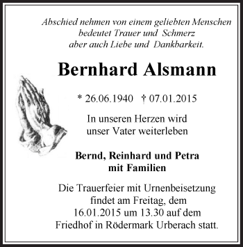 Traueranzeige von Bernhard Alsmann von Offenbach