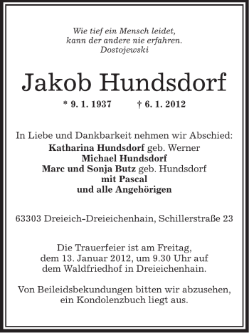 Traueranzeige von Jakob Hundsdorf von OFFENBACH-POST/HANAU-POST