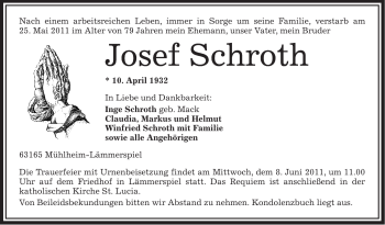 Traueranzeige von Josef Schroth von OFFENBACH-POST/HANAU-POST