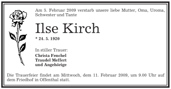 Traueranzeige von Ilse Kirch von OFFENBACH-POST/HANAU-POST