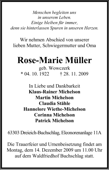 Traueranzeige von Rose-Marie Müller von OFFENBACH-POST/HANAU-POST