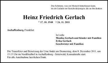 Traueranzeige von Heinz Friedrich Gerlach von OFFENBACH-POST/HANAU-POST