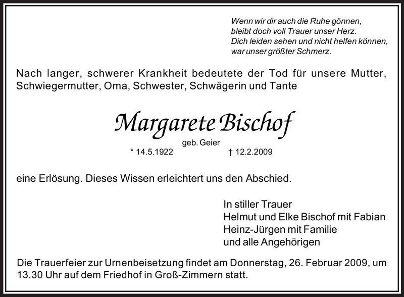  Traueranzeige für Margarete Bischof vom 21.02.2009 aus OFFENBACH-POST/HANAU-POST
